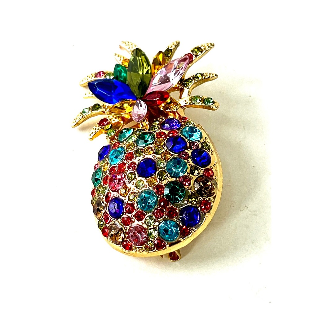 Vintage Style Multi Color Rhinestone Pineapple Brooch Gold Tone Tropical Pin